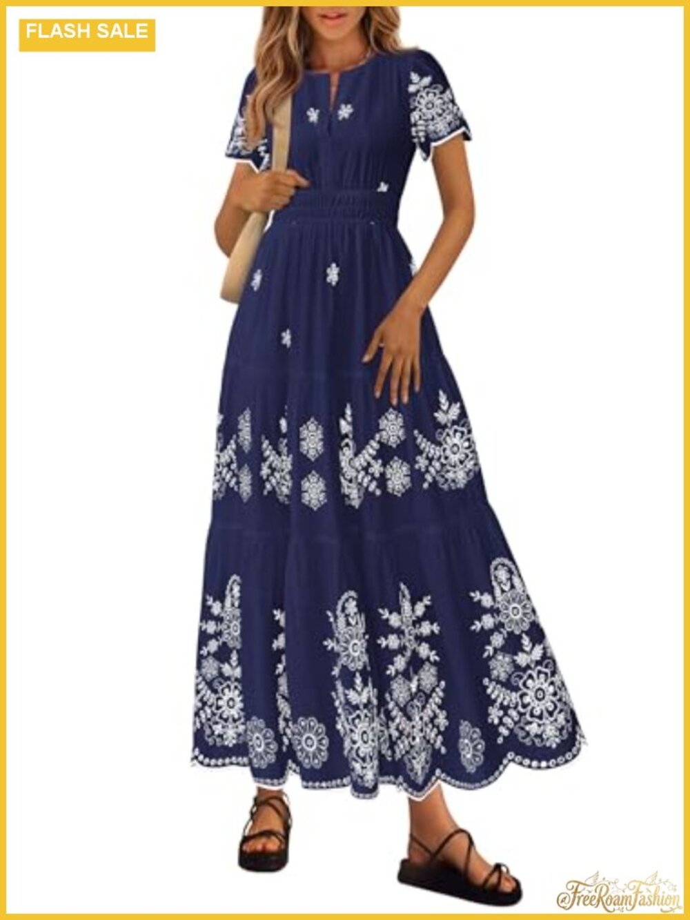 PRETTYGARDEN Womens Summer Floral Maxi Dress Boho V Neck Short Sleeve